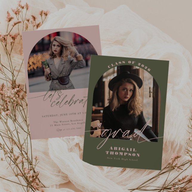 Green & Pink Arch Photo Script Graduation Invitation (Creator Uploaded)