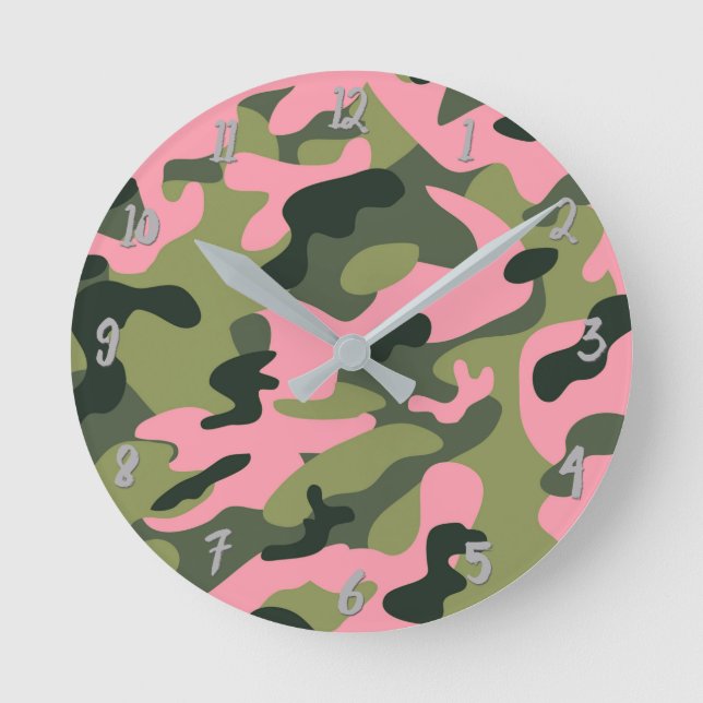Green Pink Army Camo Camouflage Personalized Round Clock (Front)
