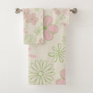 Green Pink Beige Retro Y2K 70s Flower Pattern Bath Towel Set