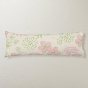 Green Pink Beige Retro Y2K 70s Flower Pattern Body Pillow