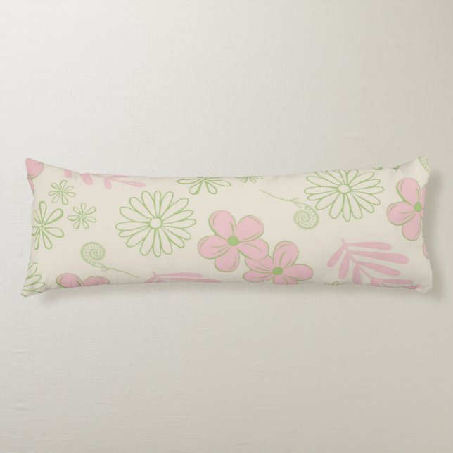 Green Pink Beige Retro Y2K 70s Flower Pattern Body Pillow (Front)