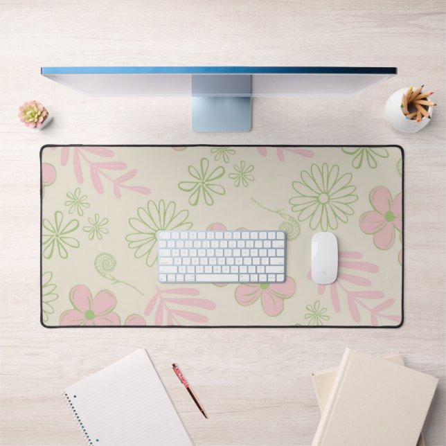 Green Pink Beige Retro Y2K 70s Flower Pattern Desk Mat (Office 1)