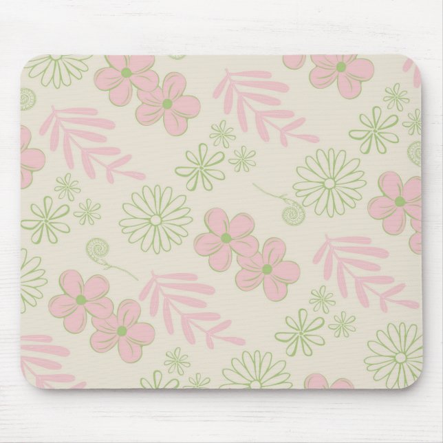 Green Pink Beige Retro Y2K 70s Flower Pattern Mouse Pad (Front)