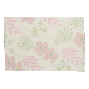 Green Pink Beige Retro Y2K 70s Flower Pattern Pillowcase