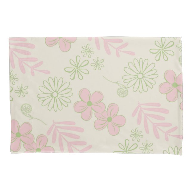 Green Pink Beige Retro Y2K 70s Flower Pattern Pillowcase (Front)