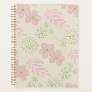 Green Pink Beige Retro Y2K 70s Flower Pattern Planner