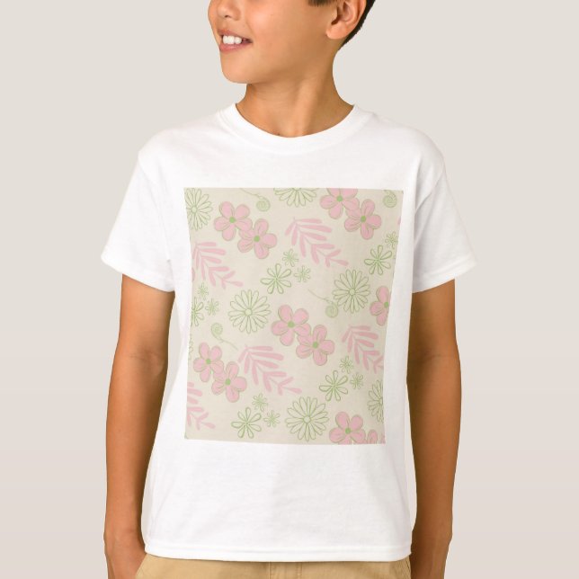 Green Pink Beige Retro Y2K 70s Flower Pattern T-Shirt (Front)