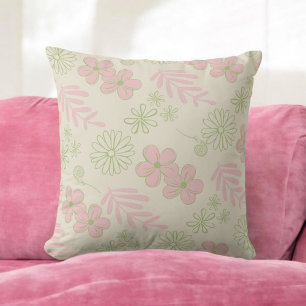 Green Pink Beige Retro Y2K 70s Flower Pattern Throw Pillow