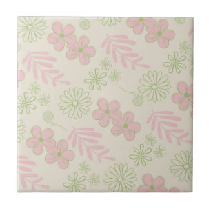 Green Pink Beige Retro Y2K 70s Flower Pattern Tile