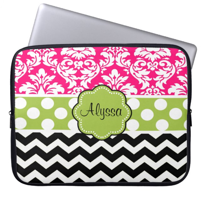 Green Pink Black Dot Damask Chevron Personalized Laptop Sleeve (Front)