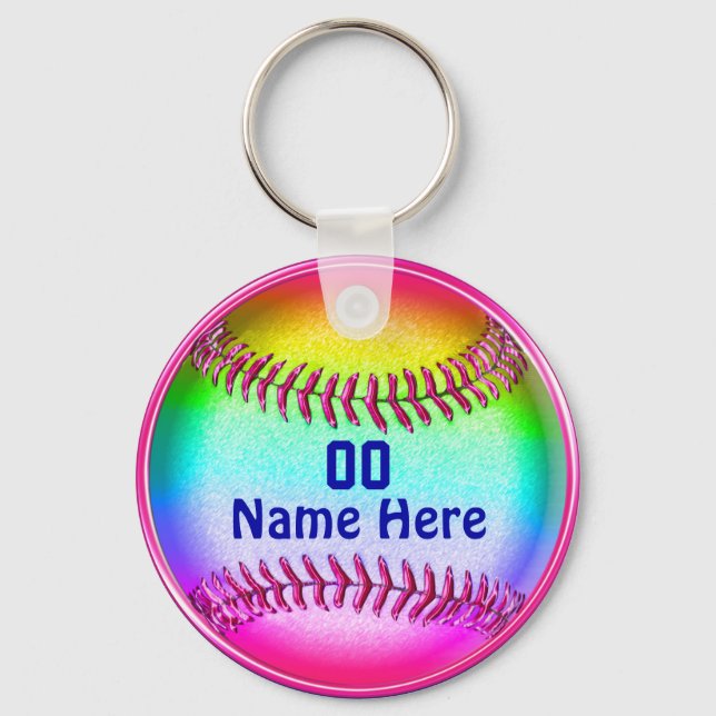 Green, Pink, Blue Cute, Softball Team Gift ideas Keychain (Front)