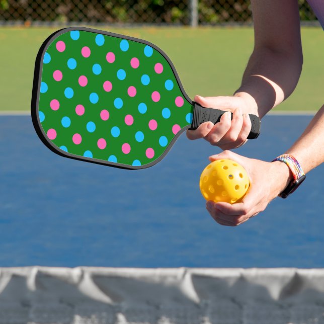 Green Pink Blue Polka Dot Pattern Pickleball Paddle (Insitu)