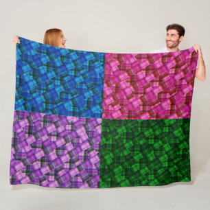 Green Pink Blue Purple Tartan Patchwork Design, Fleece Blanket