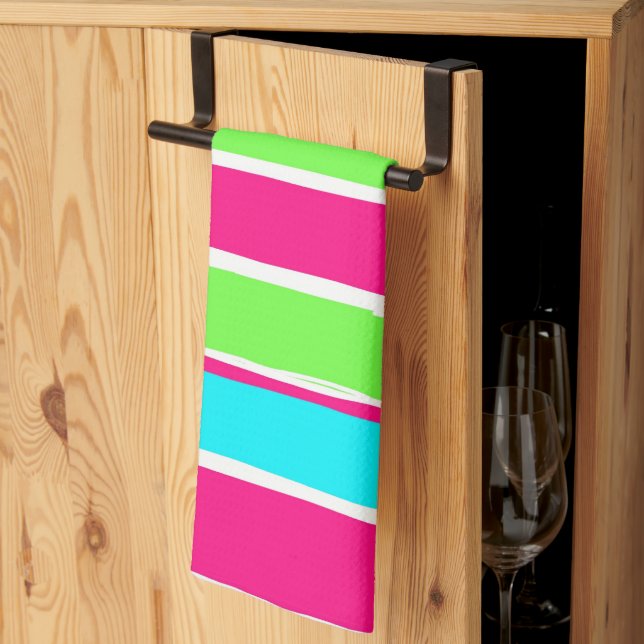 Green Pink Blue Stripes  Kitchen Towel (Thirds Fold)