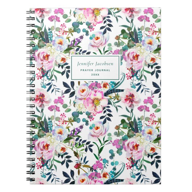 Green Pink Blue Watercolor Floral Name Prayer Notebook (Front)