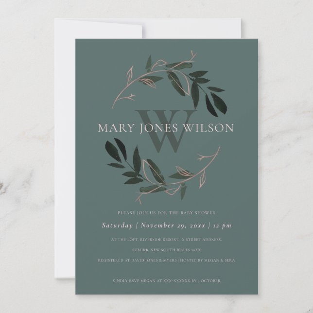 GREEN PINK BLUSH FOLIAGE WREATH BABY SHOWER CARD (Front)