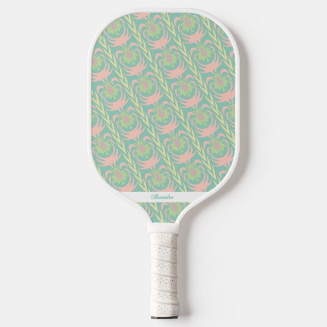 Green Pink Boho Floral Folk Pattern Personalized Pickleball Paddle (Front)