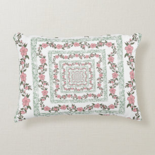 Green Pink Border Retro Y2K 70s Flower Pattern Accent Pillow