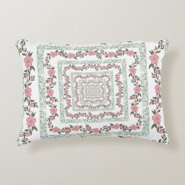 Green Pink Border Retro Y2K 70s Flower Pattern Accent Pillow (Front)