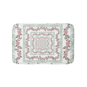 Green Pink Border Retro Y2K 70s Flower Pattern Bath Mat