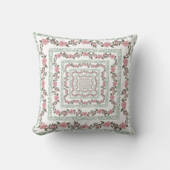 Green Pink Border Retro Y2K 70s Flower Pattern Throw Pillow (Front)
