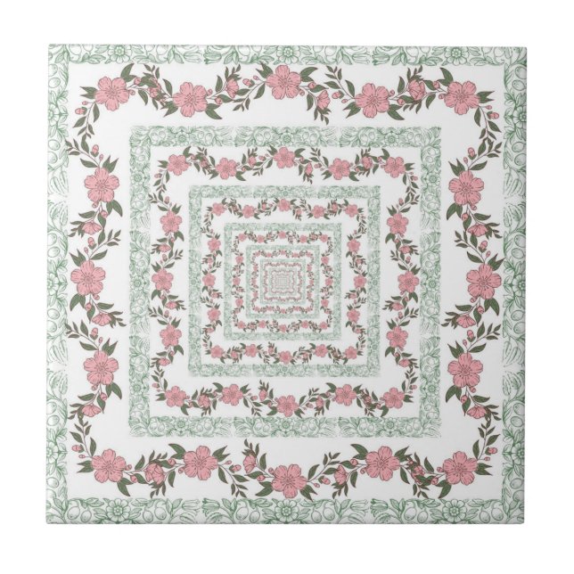 Green Pink Border Retro Y2K 70s Flower Pattern Tile (Front)