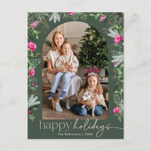 Green Pink Botanical Foliage Arch Photo Holiday Postcard (Front)
