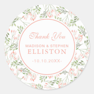 Green & Pink Botanical Watercolor   Thank You Classic Round Sticker