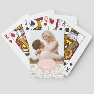 Green & Pink Botanical Watercolor - Wedding Photo Playing Cards
