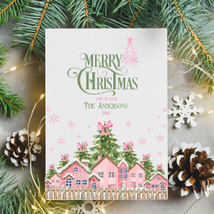 Green & Pink Bow Christmas Village  Holiday Card