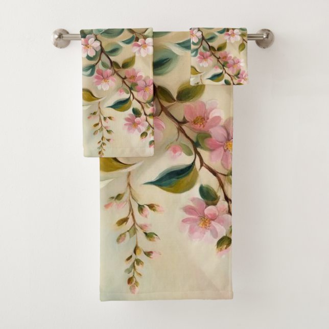 Green Pink Branch Bath Towels (Insitu)