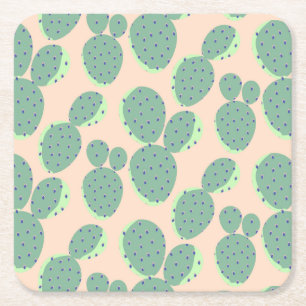 Green & Pink Cactus Pattern Square Paper Coaster