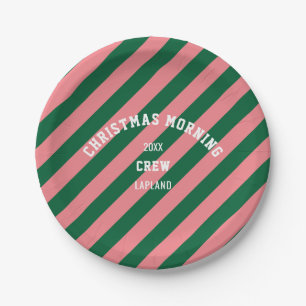 Green Pink Candy Stripe Christmas Morning Crew Paper Plate