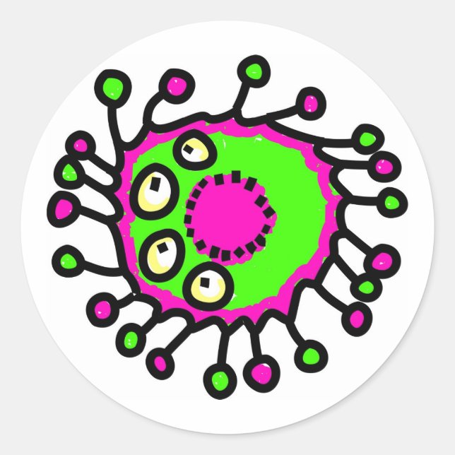 Green & Pink Cartoon Germ Classic Round Sticker (Front)