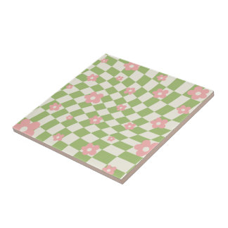 Green Pink Chequered Floral Tile