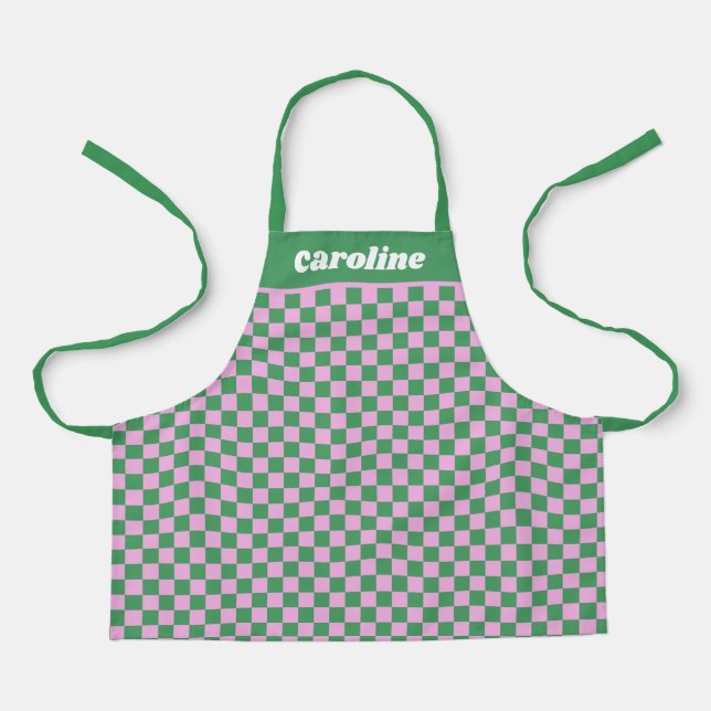  Green Pink Chequered Retro Personalized Name Apron (Front)