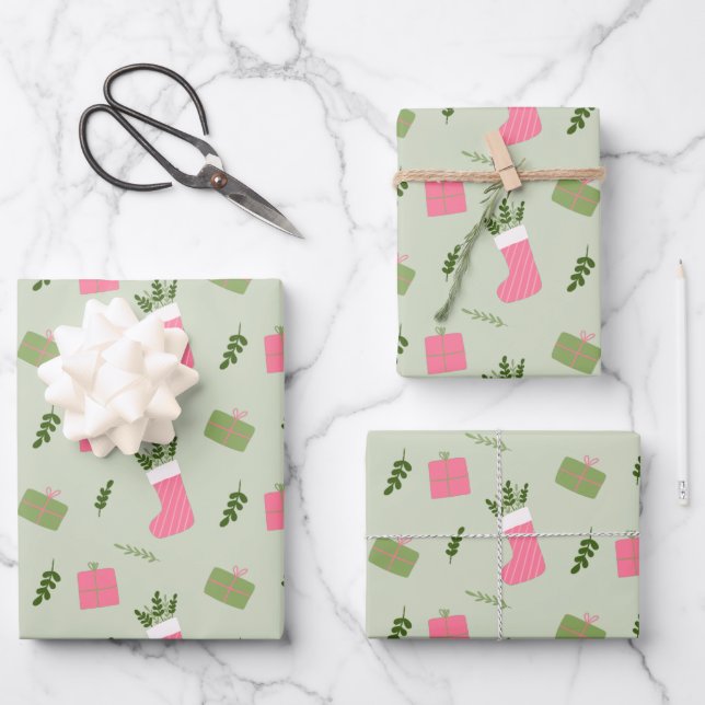 Green Pink Christmas Gift Stocking Pattern Wrapping Paper Sheet (Front)