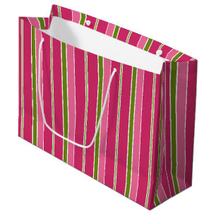 Green Pink Christmas Stripes Large Gift Bag