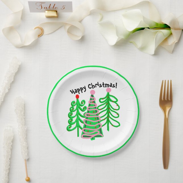 Green Pink Christmas Trees Paper Plate (Wedding)