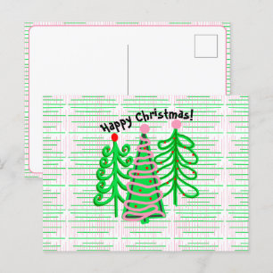Green Pink Christmas Trees Postcard