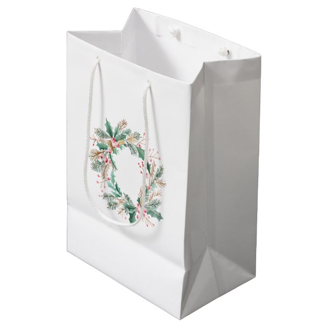 Green Pink Christmas Wreath Medium Gift Bag (Front Angled)