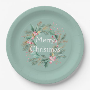 Green Pink Christmas Wreath Paper Plate