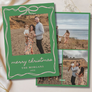 Green & Pink Coquette Bow Christmas 4 Photo Family Holiday Card