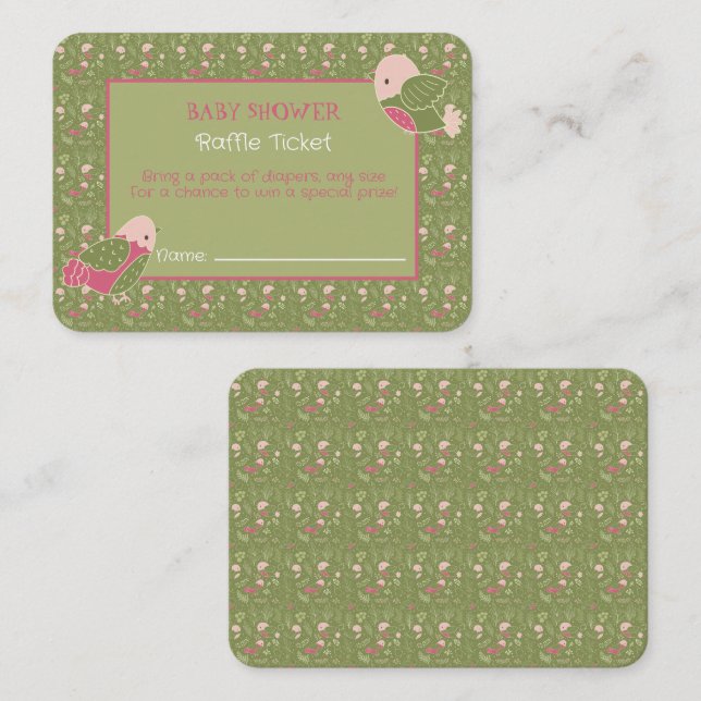 Green Pink Cute Birds Baby Shower Raffle Ticket Enclosure Card (Front/Back)