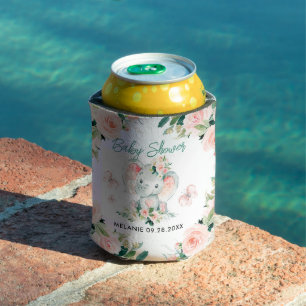 Green Pink Cute Floral Elephant Frame Baby Shower  Can Cooler