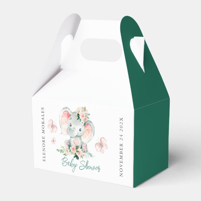 Green Pink Cute Floral Elephant Frame Baby Shower Favor Box (Front Side)