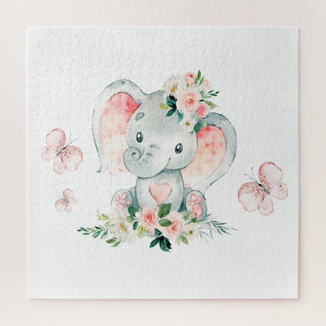 Green Pink Cute Floral Elephant Frame Baby Shower Jigsaw Puzzle (Vertical)