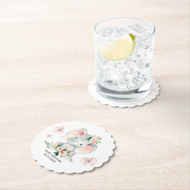 Green Pink Cute Floral Elephant Frame Baby Shower Paper Coaster (Insitu)