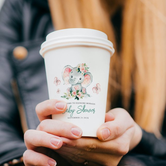 Green Pink Cute Floral Elephant Frame Baby Shower Paper Cups (Creator Uploaded)