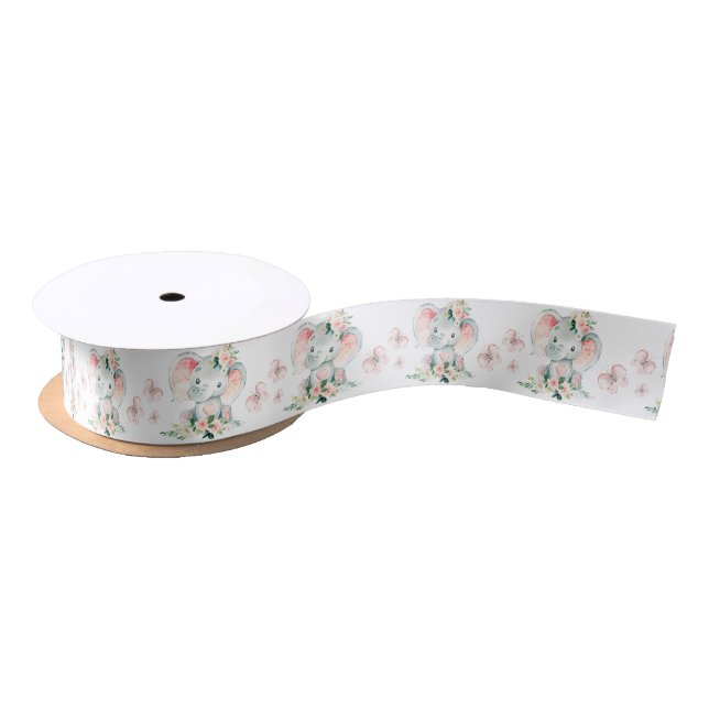 Green Pink Cute Floral Elephant Frame Baby Shower Satin Ribbon (Spool)